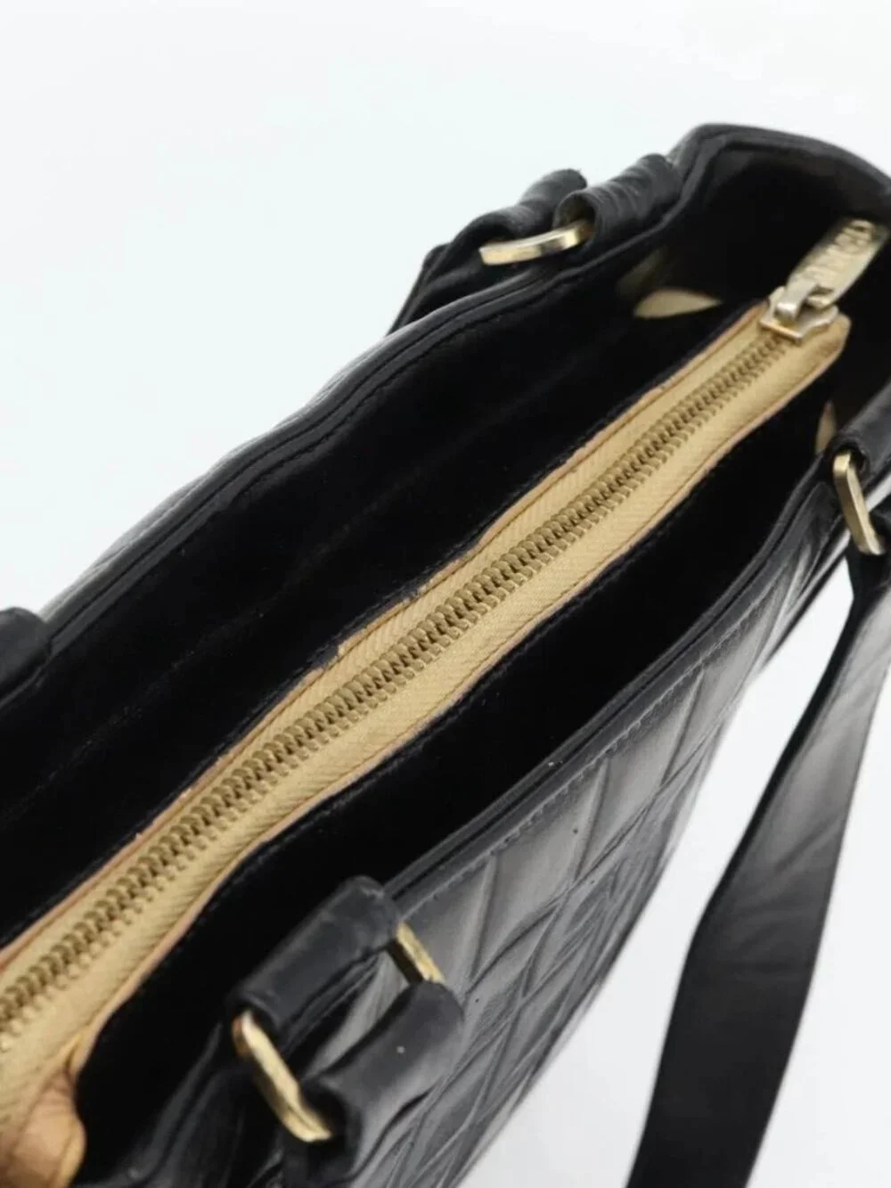 CHANEL Choco Bar Hand Bag Leather Black Gold CC Auth bs35341
